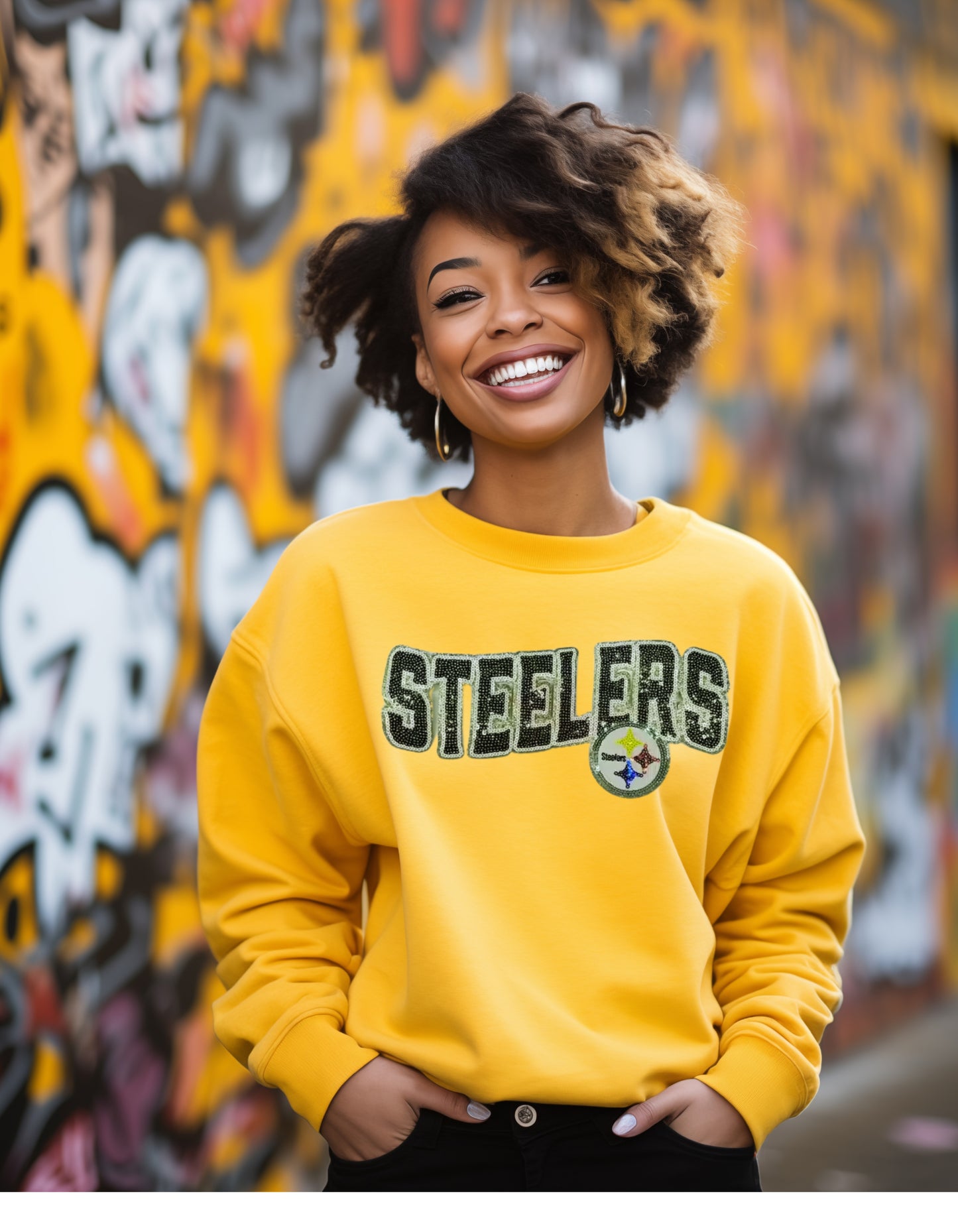 Steelers football fans sweatshirt or tshirt Pittsburgh football in real sequin letters and shiny football