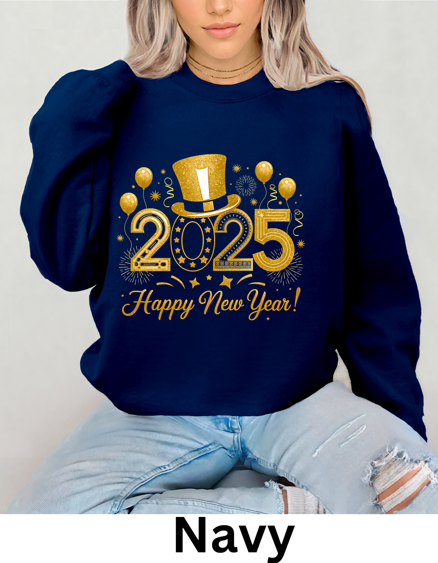 Happy New Year 2025 in golf shiny color fonts with hat and ballons sweatshirt or tshirt unisex comfortable fit