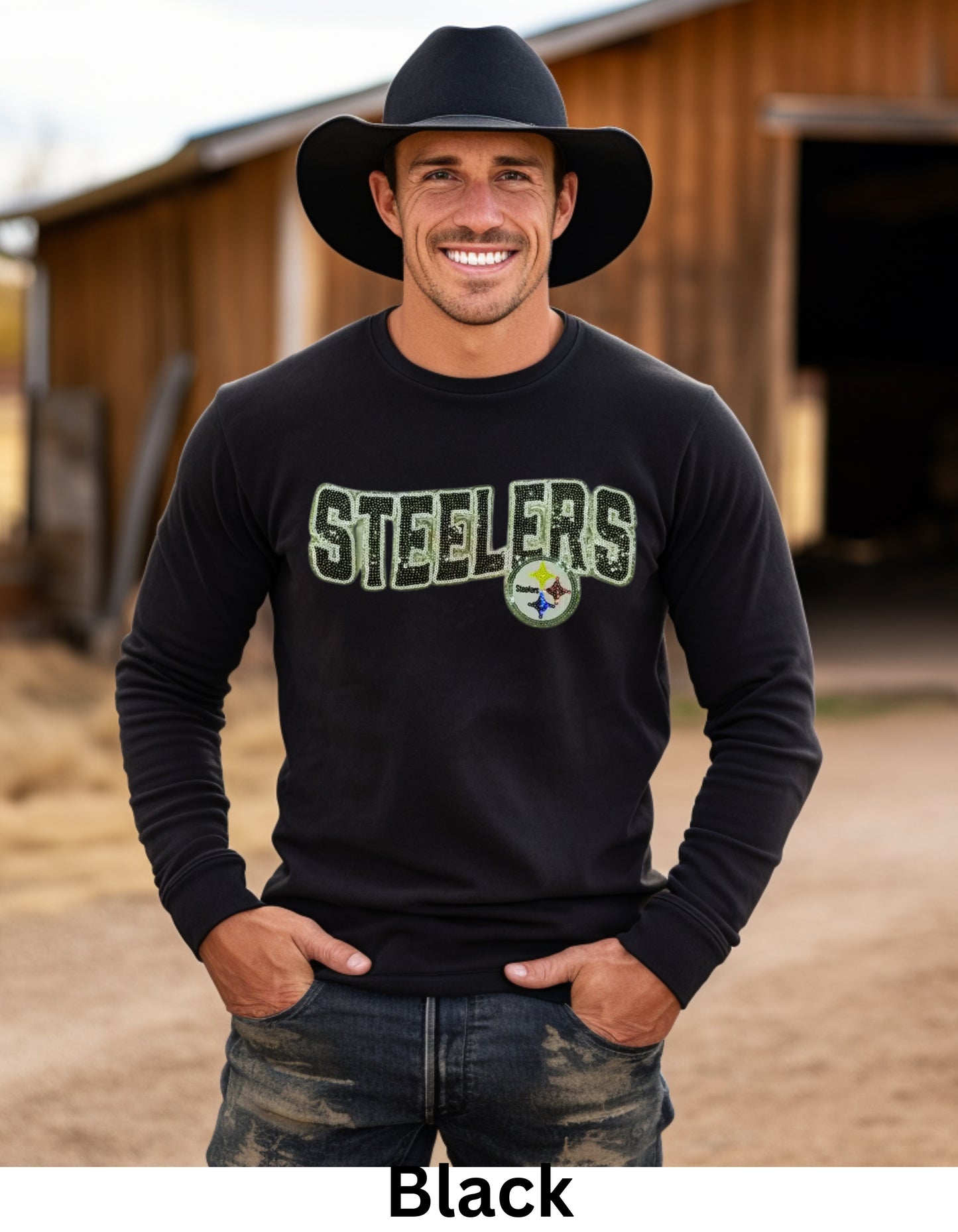 Steelers football fans sweatshirt or tshirt Pittsburgh football in real sequin letters and shiny football
