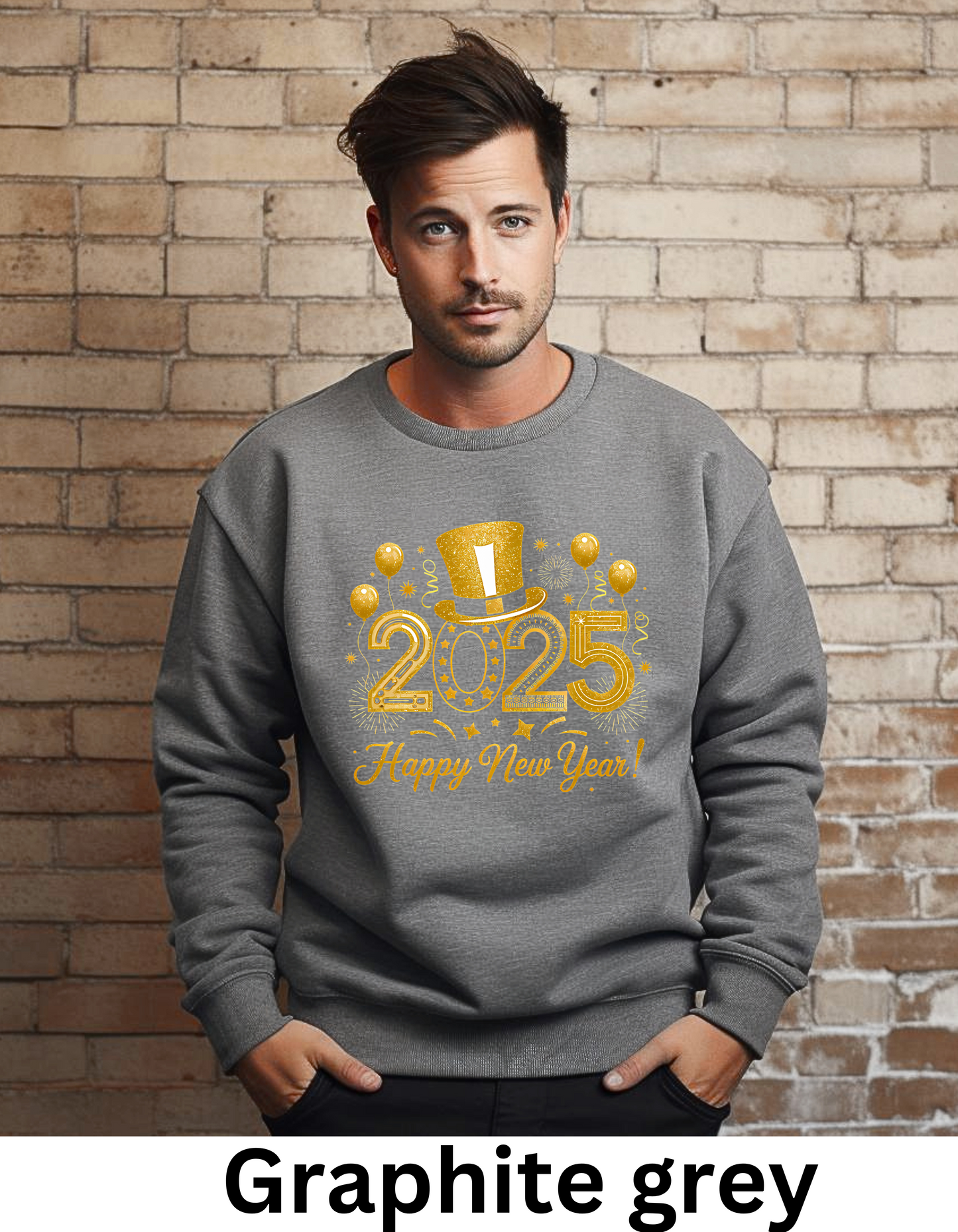 Happy New Year 2025 in golf shiny color fonts with hat and ballons sweatshirt or tshirt unisex comfortable fit