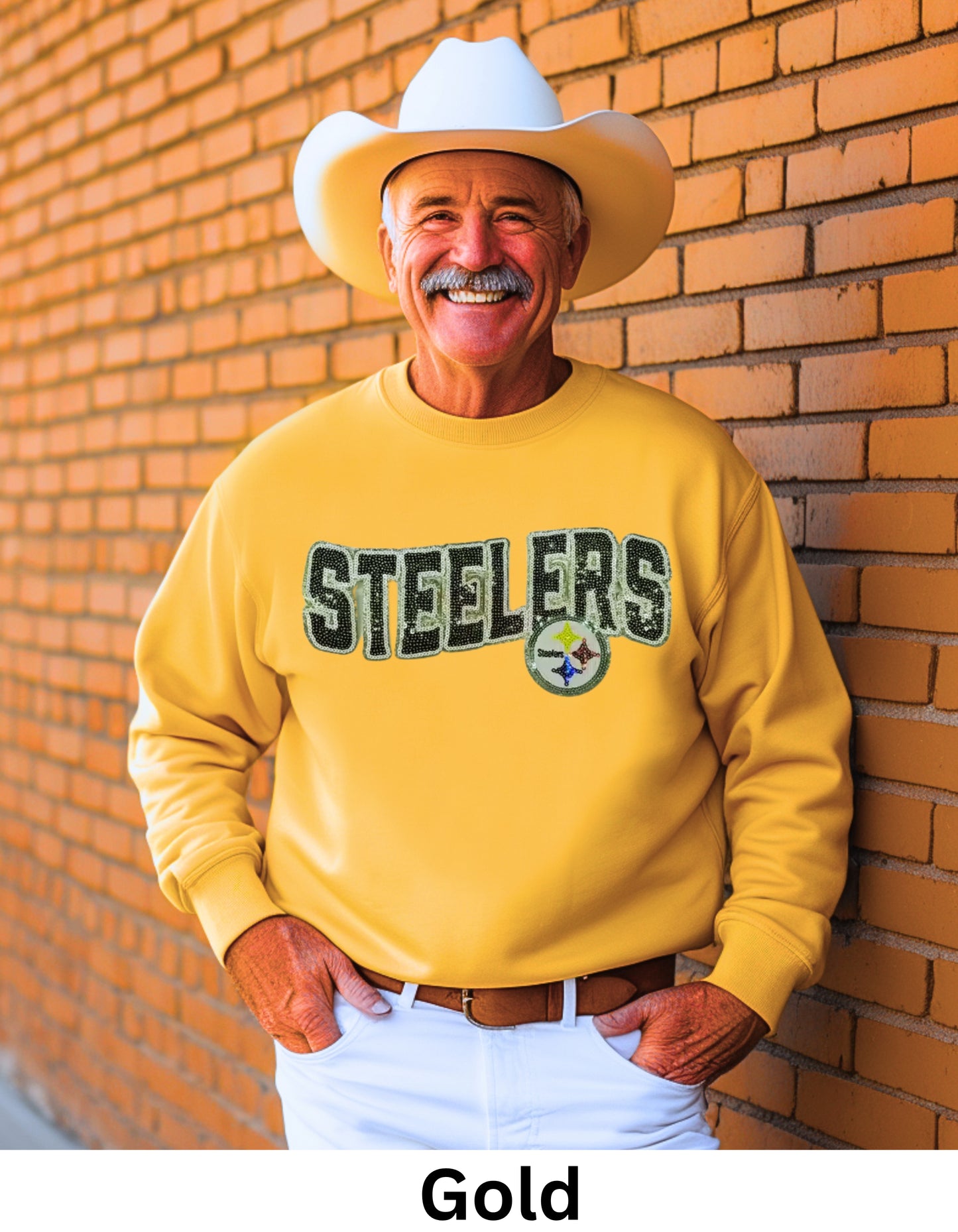 Steelers football fans sweatshirt or tshirt Pittsburgh football in real sequin letters and shiny football