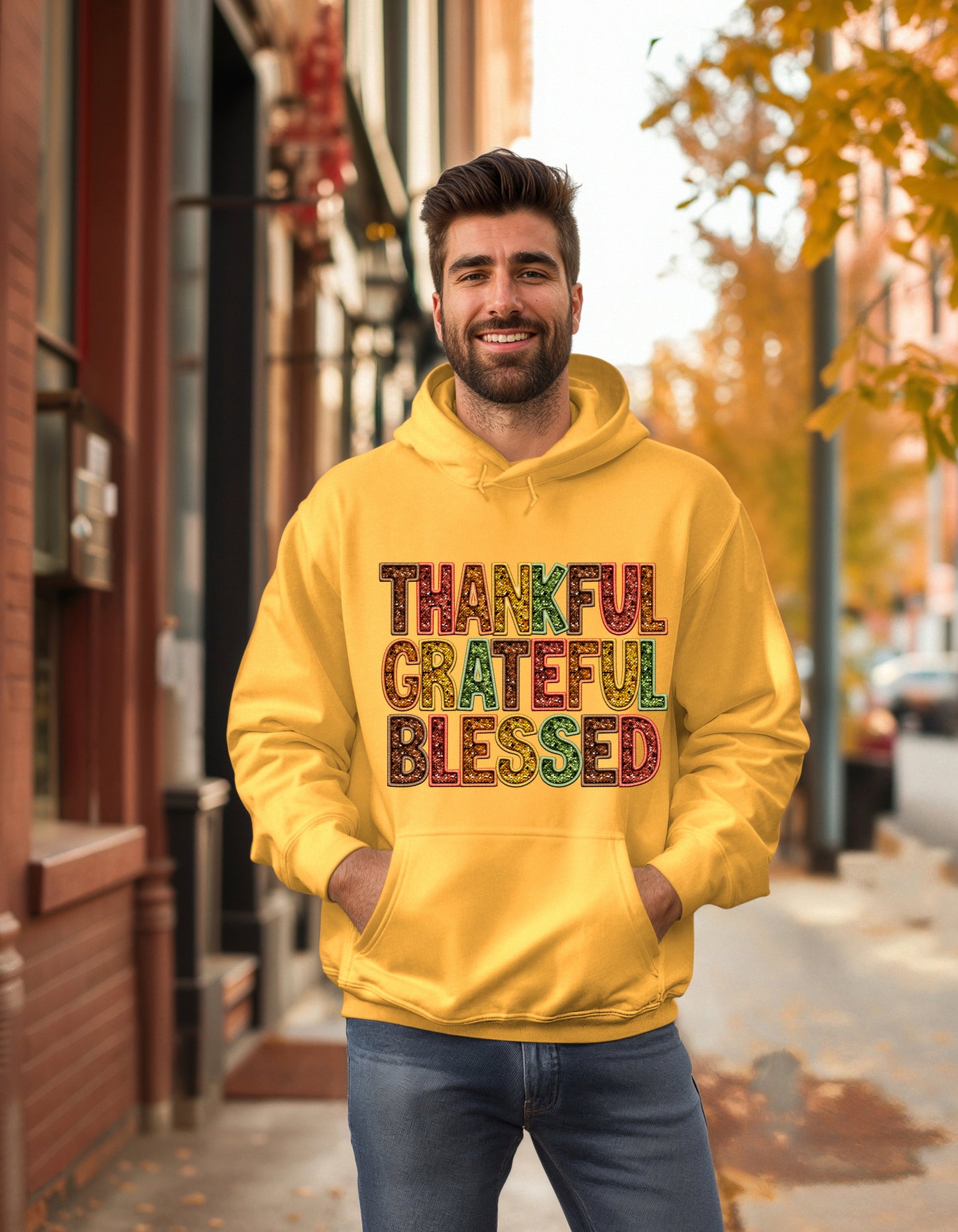Thankful grateful blessed Thanksgiving sweatshirt or tshirt with faux sequin shiny letters