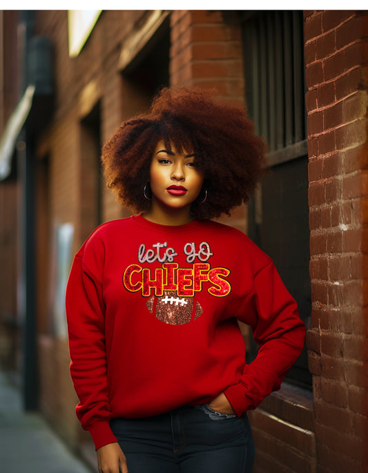 let’s go Chiefs football sweatshirt or tshirt Kansas City in real sequin letters and shiny football