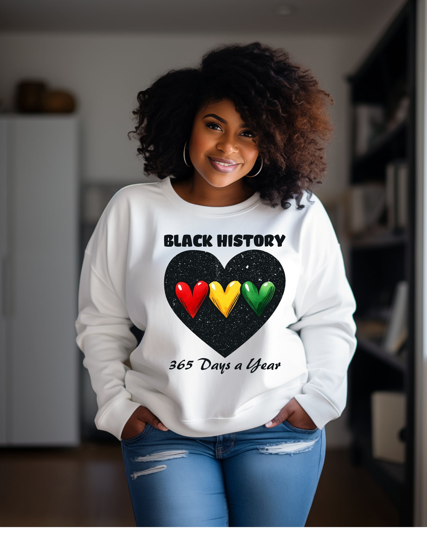 Black history 365 days in black history color hearts sweatshirt or tshirt unisex comfortable fit