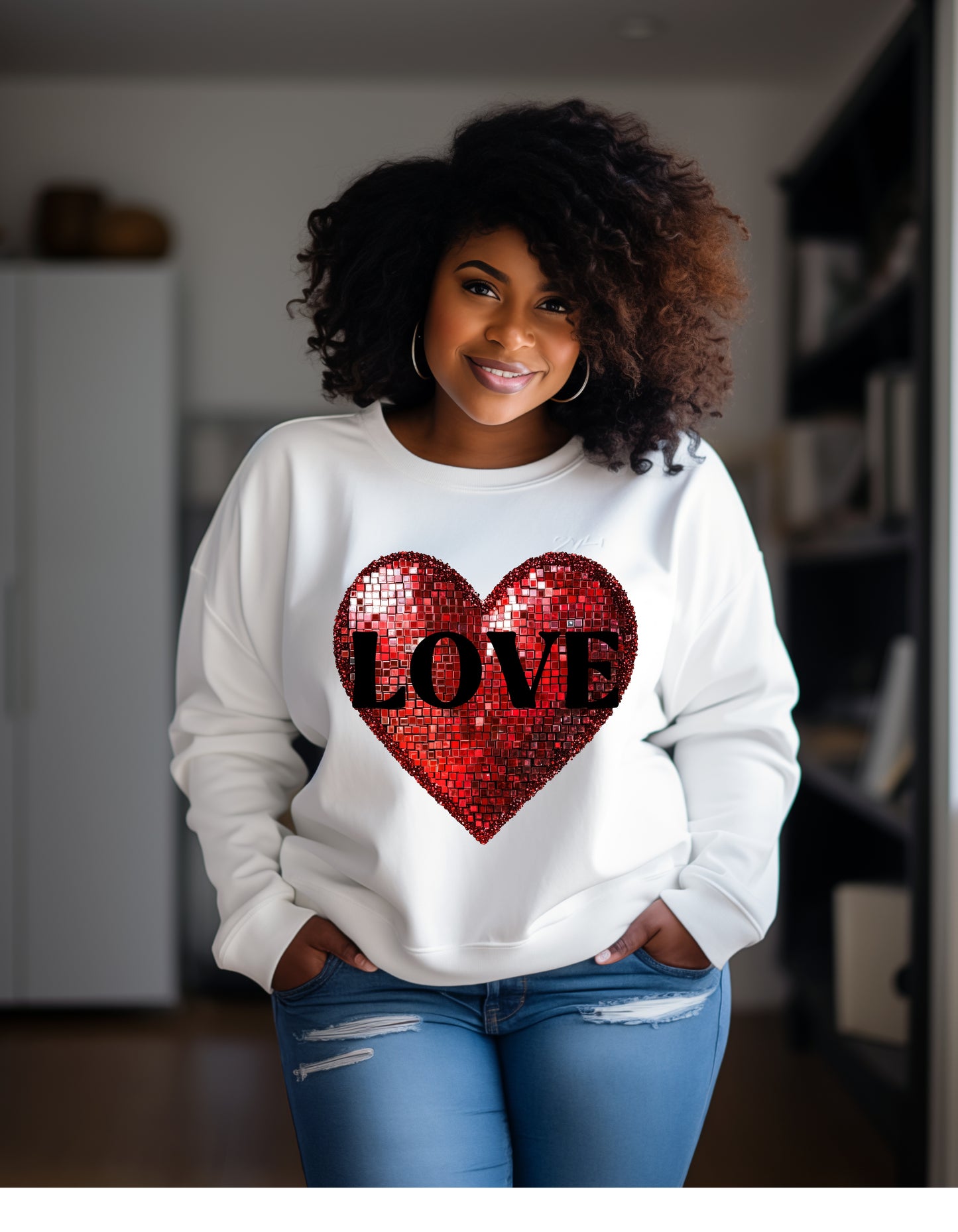 Love is sparkly red heart sweatshirt or tshirt in faux sequin heart, valentines sweatshirt,shirt