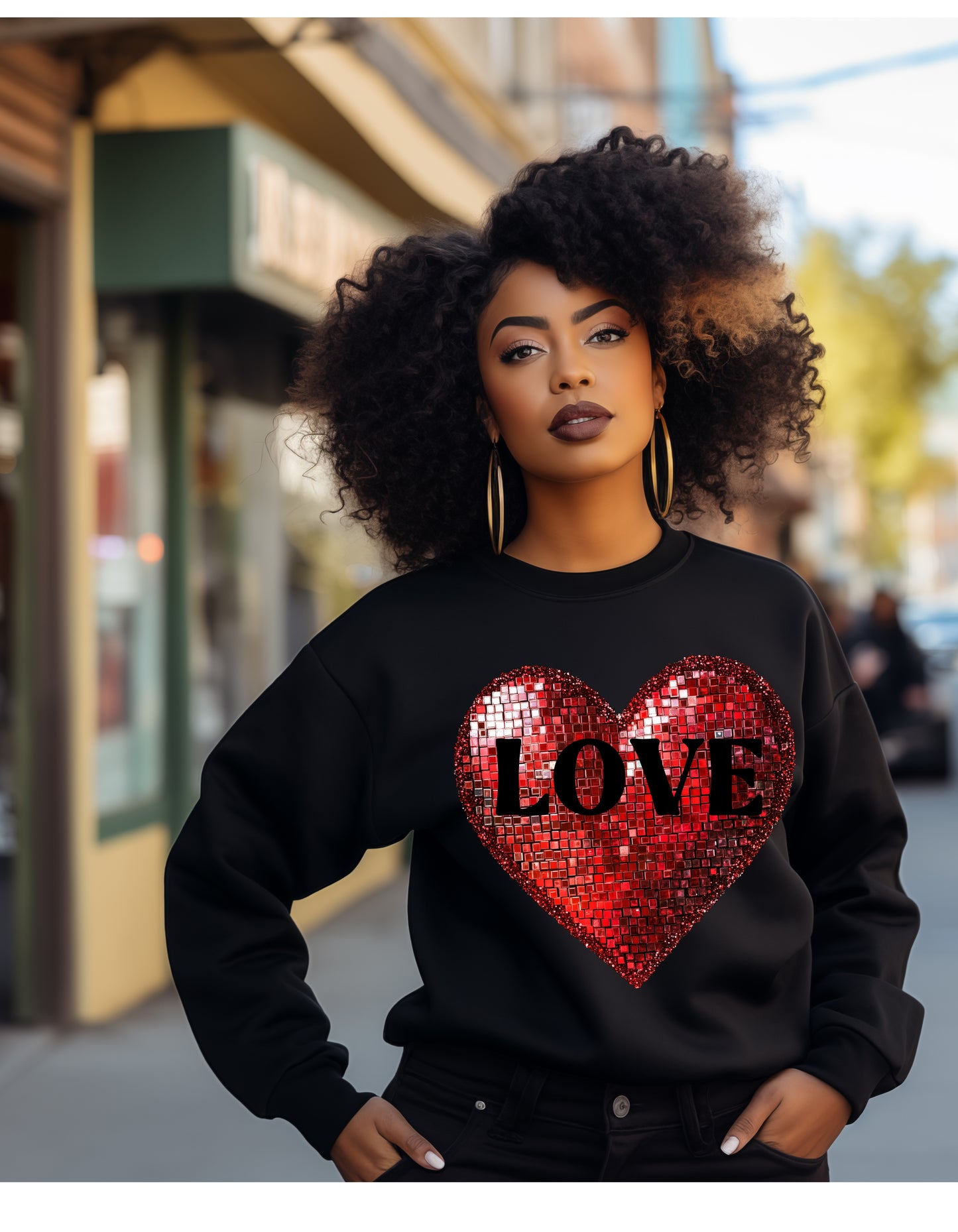 Love is sparkly red heart sweatshirt or tshirt in faux sequin heart, valentines sweatshirt,shirt