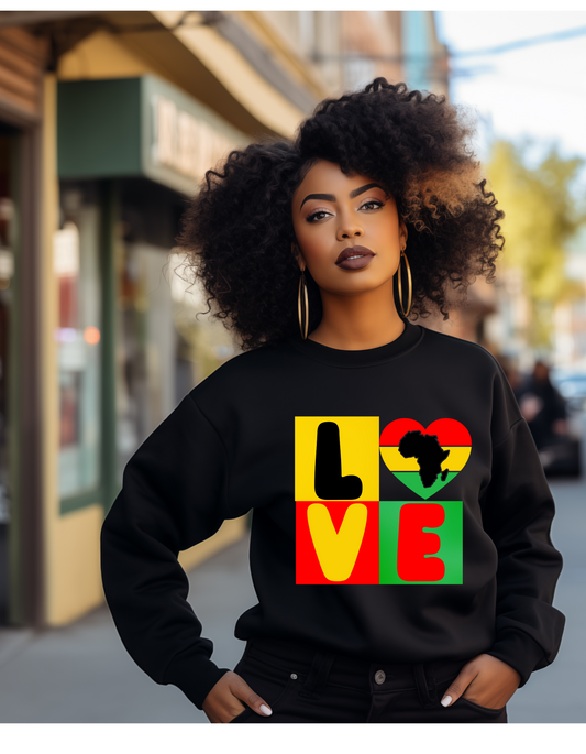 LOVE in black history color fonts with heart African map sweatshirt or tshirt unisex comfortable fit (Copy)