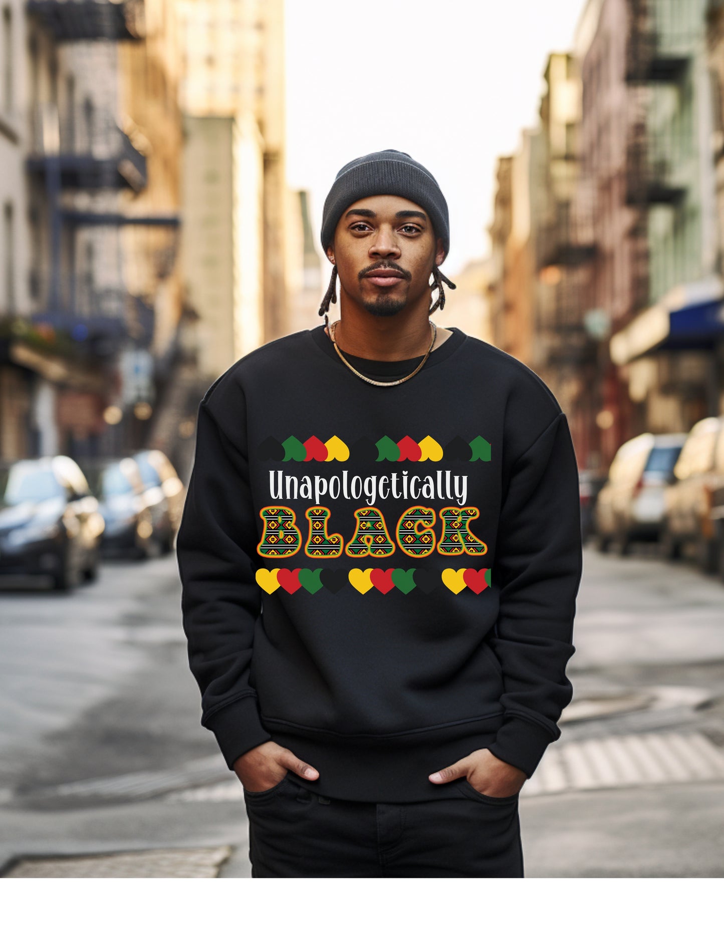 Unapologetically black in black history colors with African fabric print letters,unisex comfortable fit