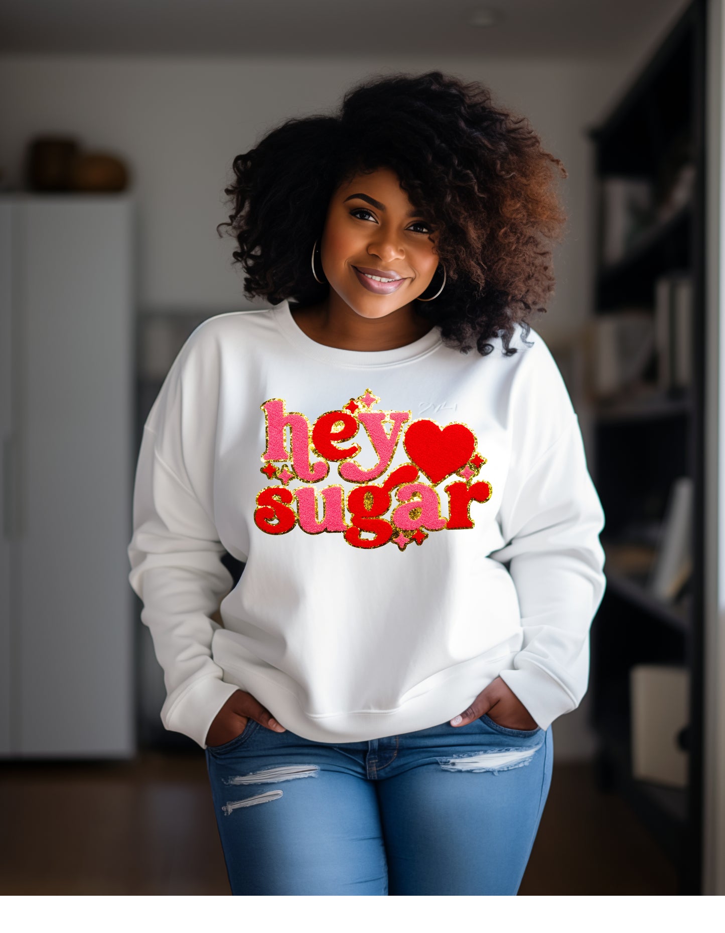 Hey sugar sweatshirt or tshirt in real chenille letters,Valentine's day sweatshirt unisex fir