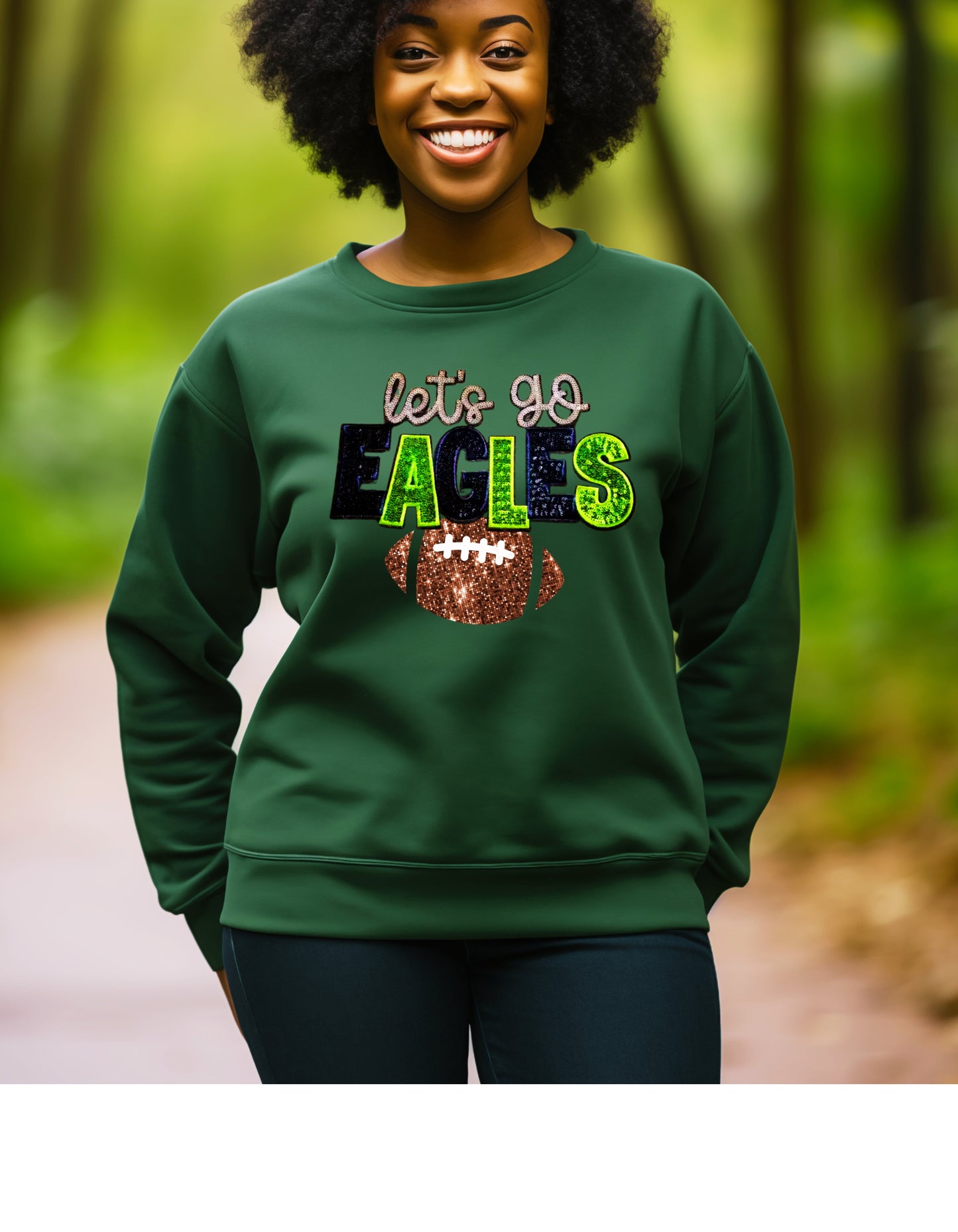 Let’s Go Eagles football fans sweatshirt or tshirt Kansas City in real sequin letters and shiny football