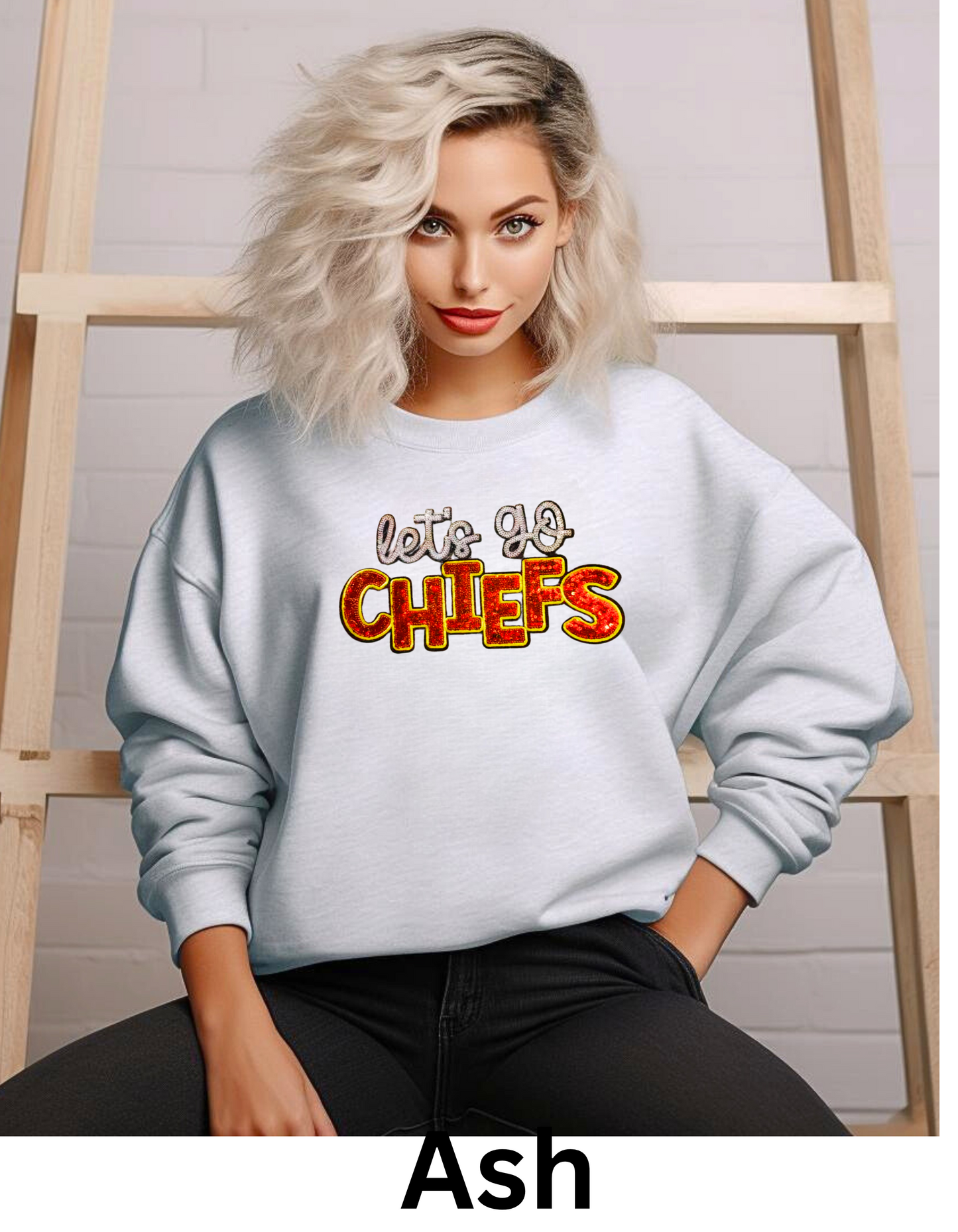 let’s go Chiefs football sweatshirt or tshirt Kansas City in real sequin letters and shiny football