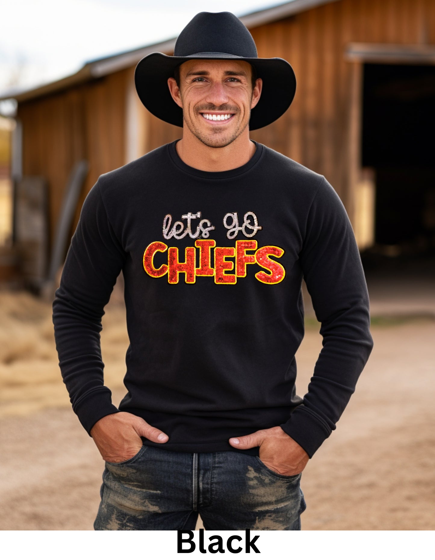 let’s go Chiefs football sweatshirt or tshirt Kansas City in real sequin letters and shiny football