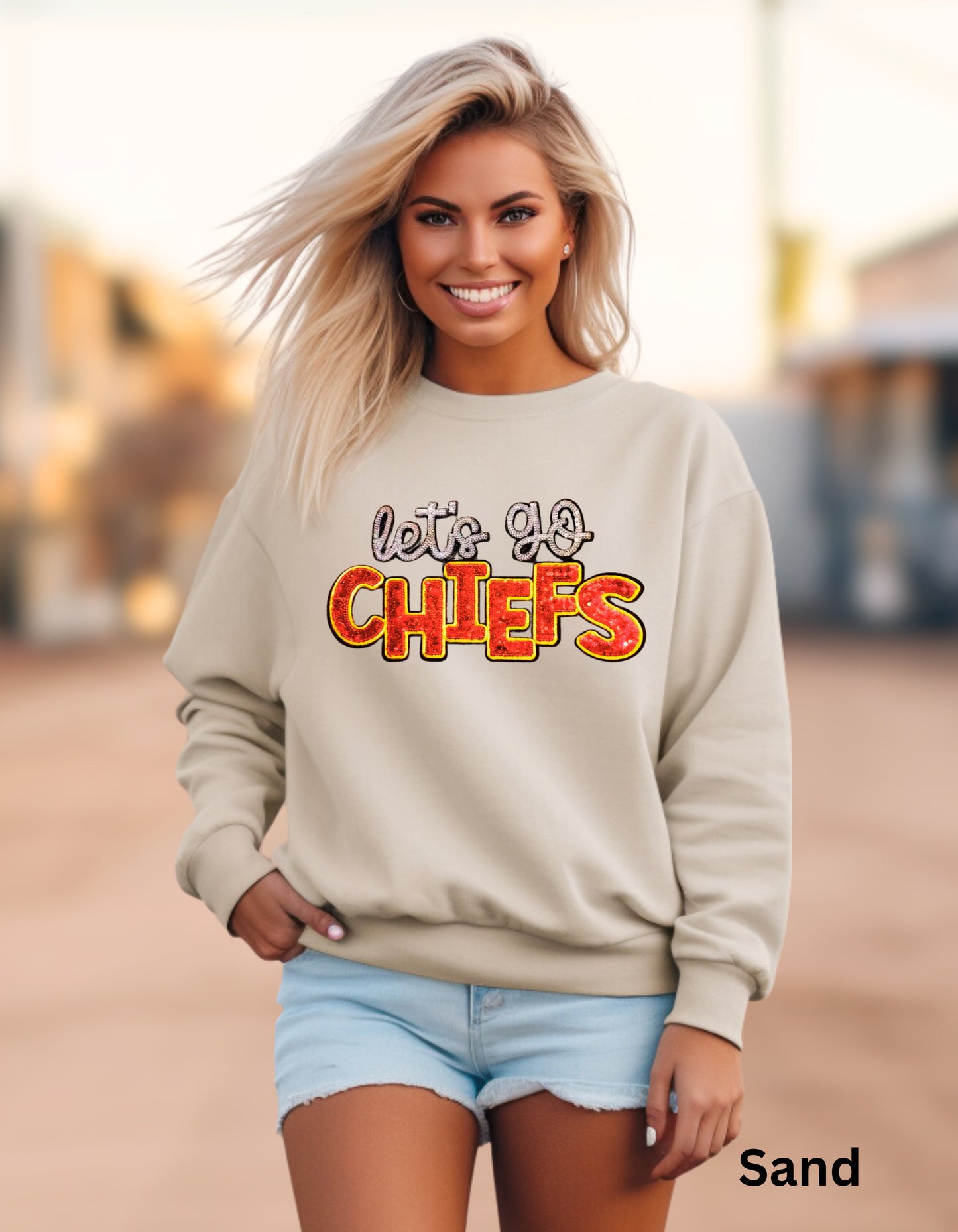 let’s go Chiefs football sweatshirt or tshirt Kansas City in real sequin letters and shiny football