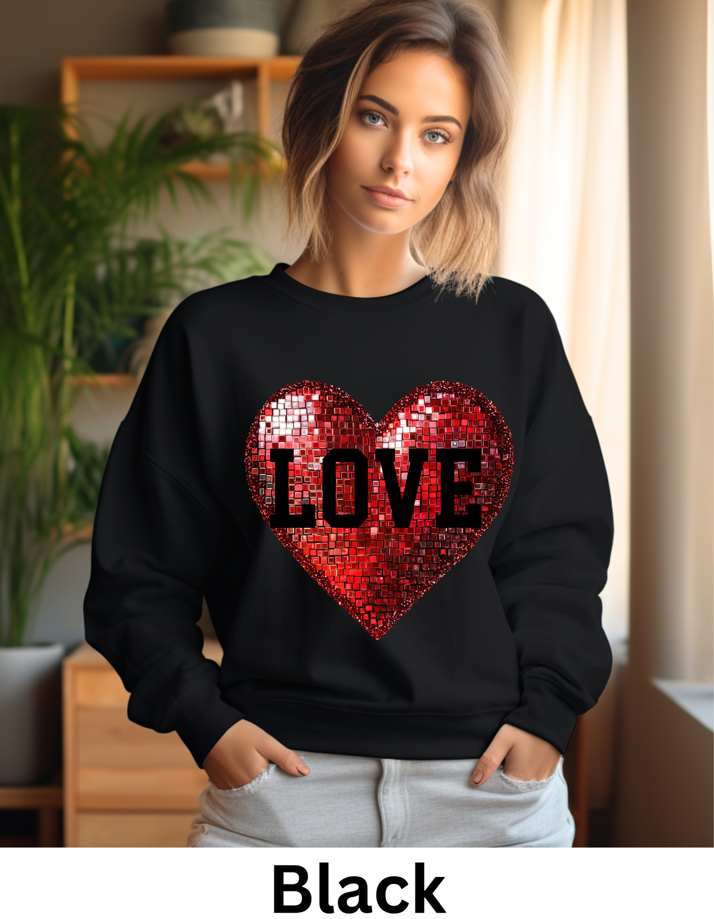 Love is sparkly red heart sweatshirt or tshirt in faux sequin heart, valentines sweatshirt,shirt