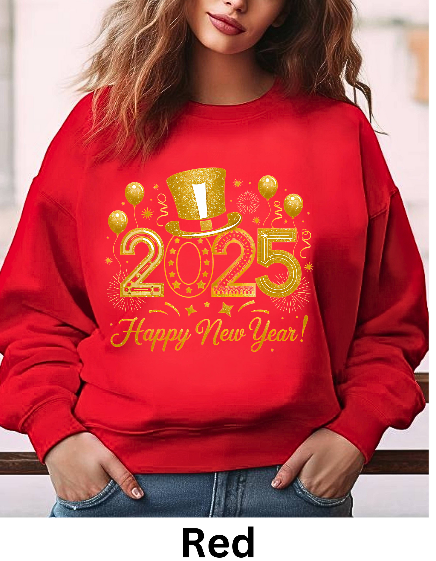 Happy New Year 2025 in golf shiny color fonts with hat and ballons sweatshirt or tshirt unisex comfortable fit