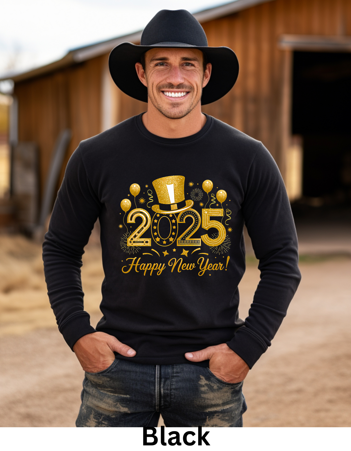 Happy New Year 2025 in golf shiny color fonts with hat and ballons sweatshirt or tshirt unisex comfortable fit