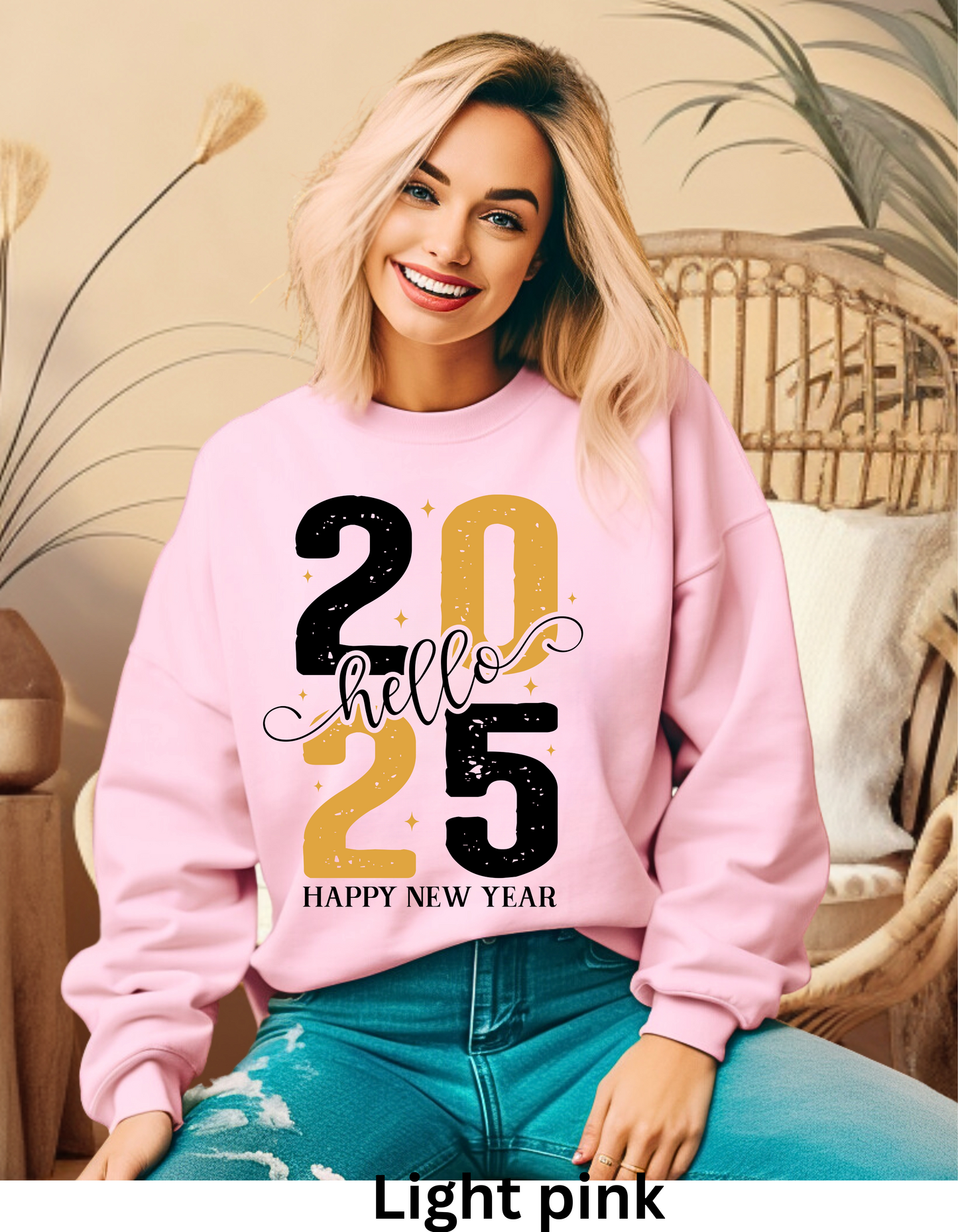 Happy New Year Hello 2025 in gold shiny color fonts with hat and ballons sweatshirt or tshirt unisex comfortable fit