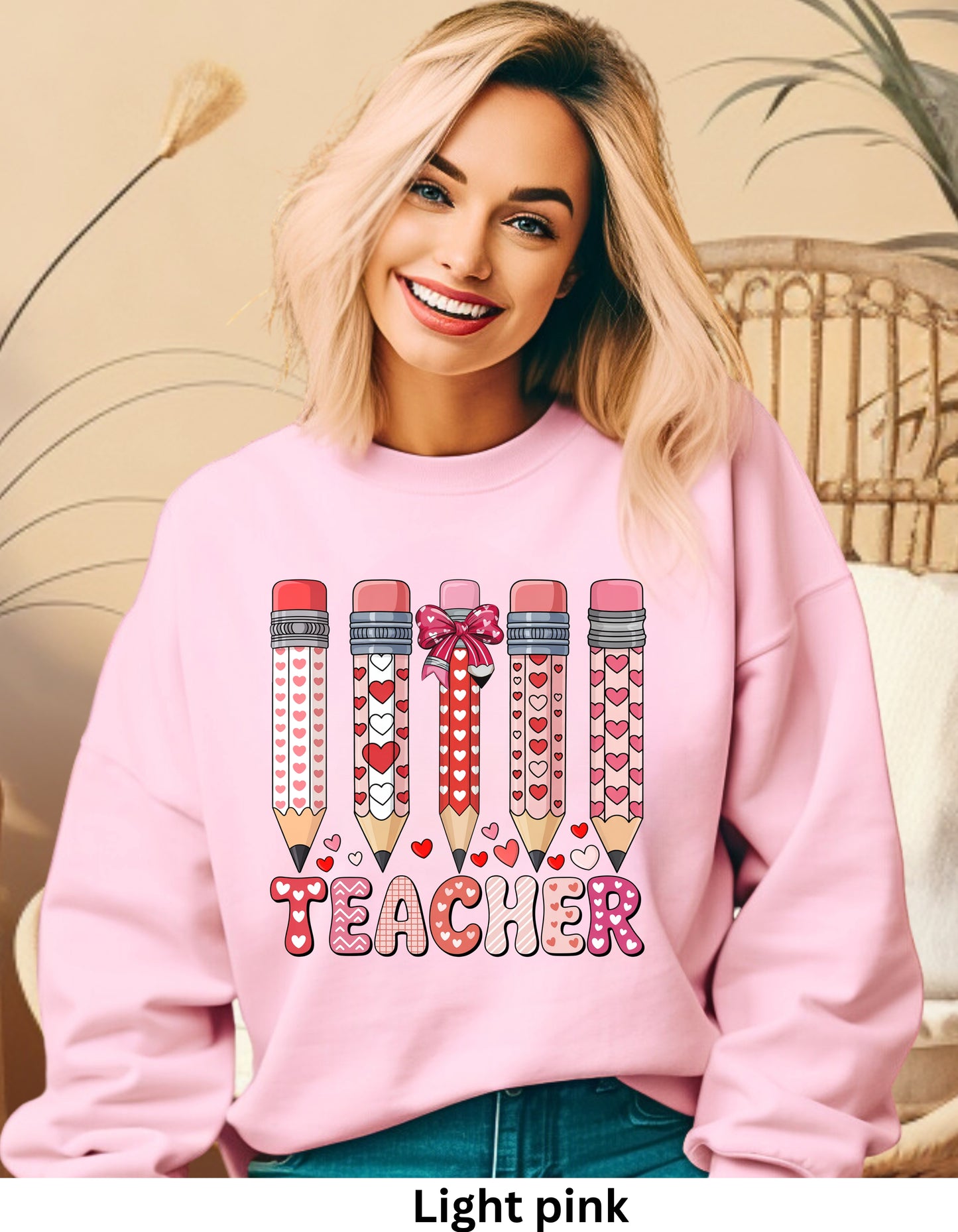 Teacher with heart valentines on pencil with bow valentines sweatshirt or tshirt unisex comfortable fit (Copy) (Copy)