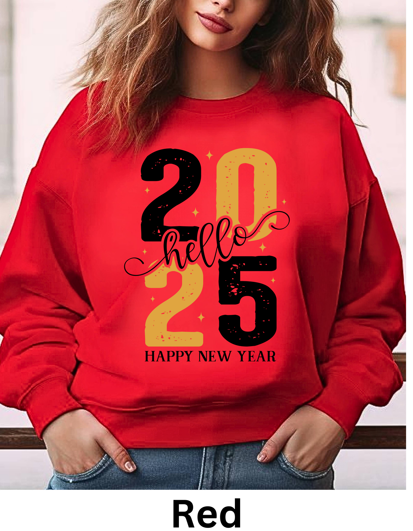 Happy New Year Hello 2025 in gold shiny color fonts with hat and ballons sweatshirt or tshirt unisex comfortable fit