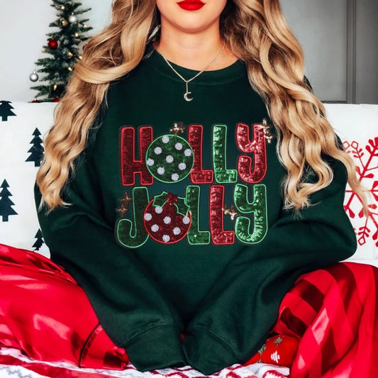 Holly Jolly Christmas sweatshirt or tshirt in real sequin letters and shiny football (Copy)