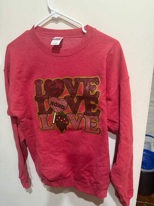 LOVED three times XOXO sweetheart in sparkly little sequin red heart sweatshirt or tshirt in real sequin letters, unisex comfortable fit (Copy)