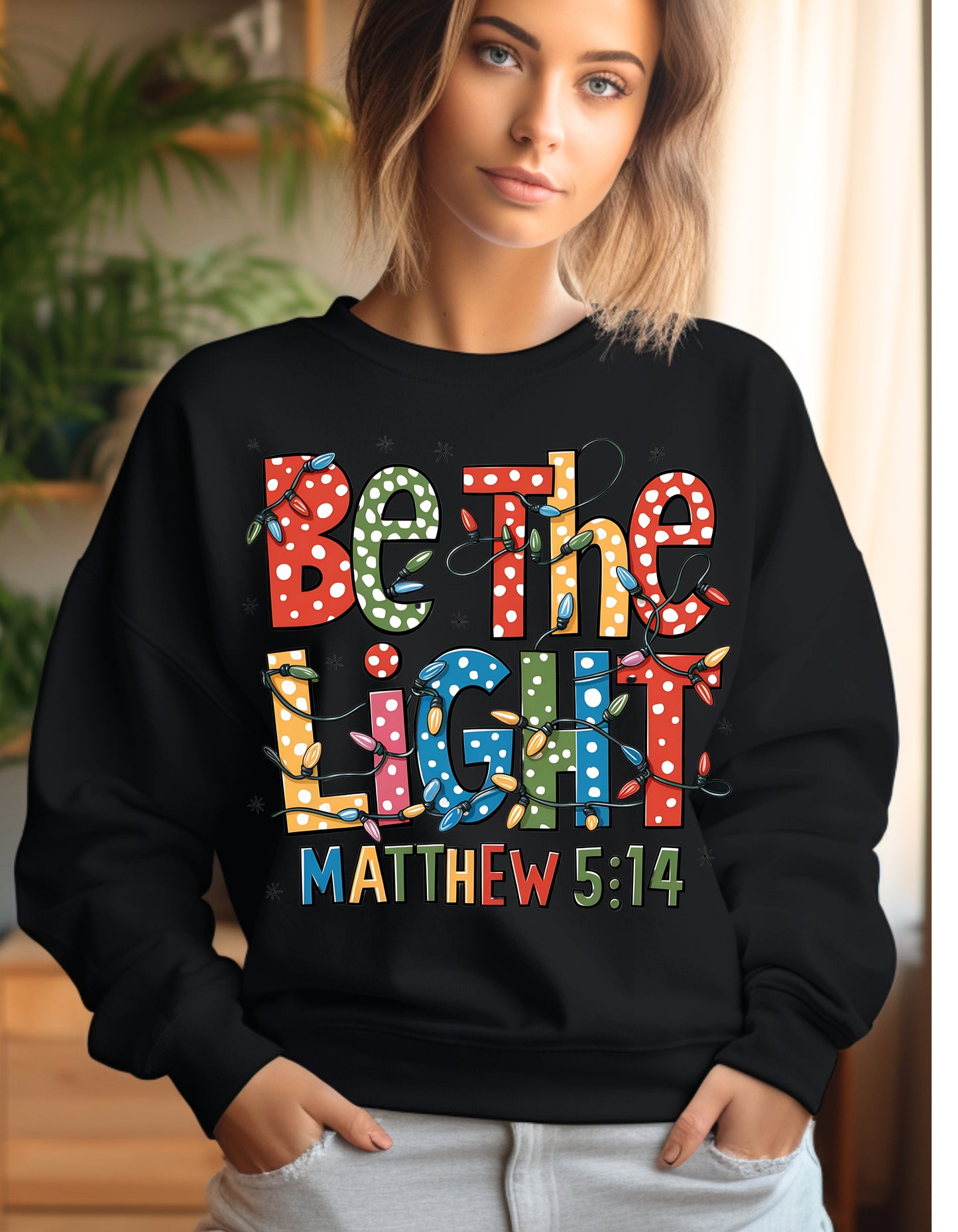 Be the light  Christmas sweatshirt or tshirt with Christmas lights and Bible verse