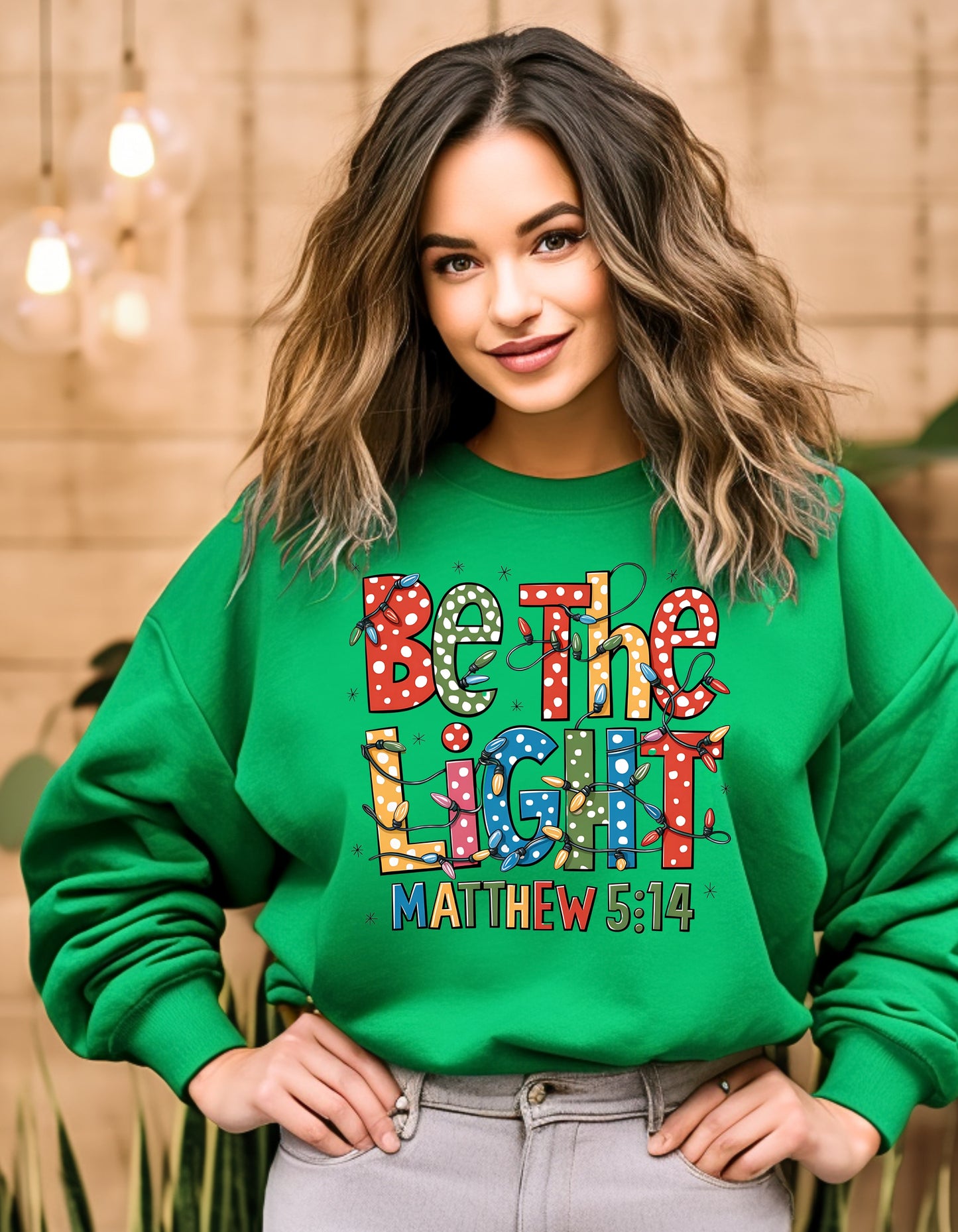 Be the light  Christmas sweatshirt or tshirt with Christmas lights and Bible verse