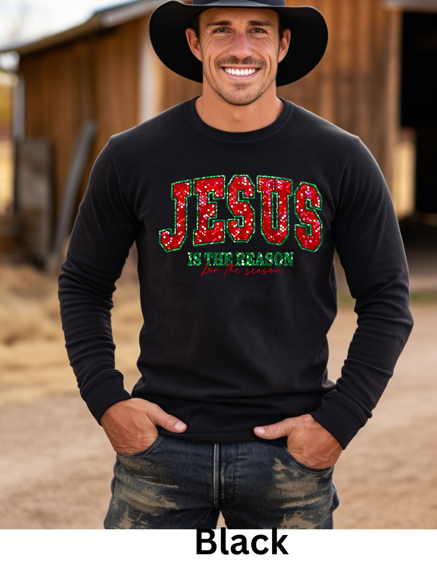 Jesus is the reason for the season Christmas.  sweatshirt or tshirt with sequin shiny letters