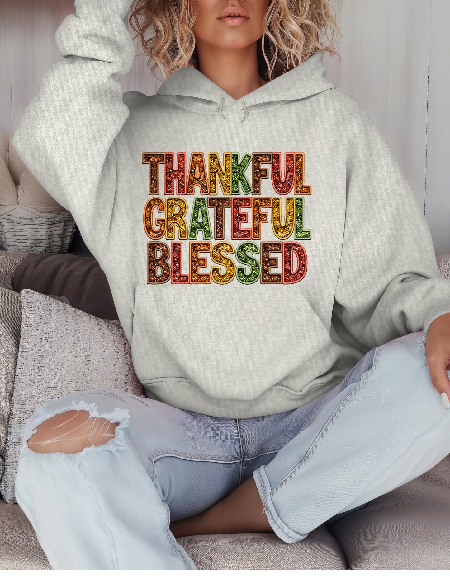 Thankful grateful blessed Thanksgiving sweatshirt or tshirt with faux sequin shiny letters